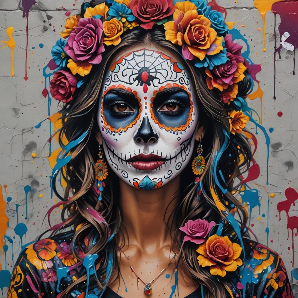 Colorful Día de los Muertos Face Paint in Street Art Style
