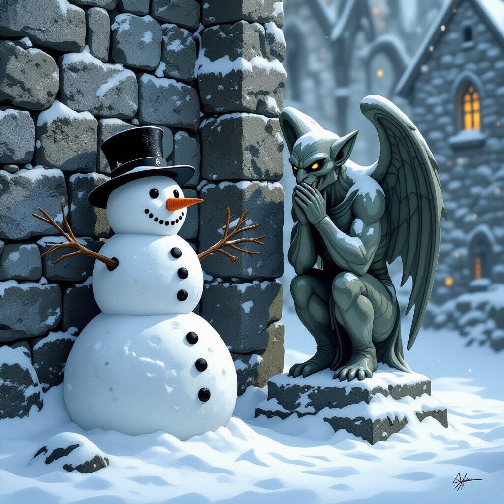 Snowman and Gargoyle in Realistic Digital Art