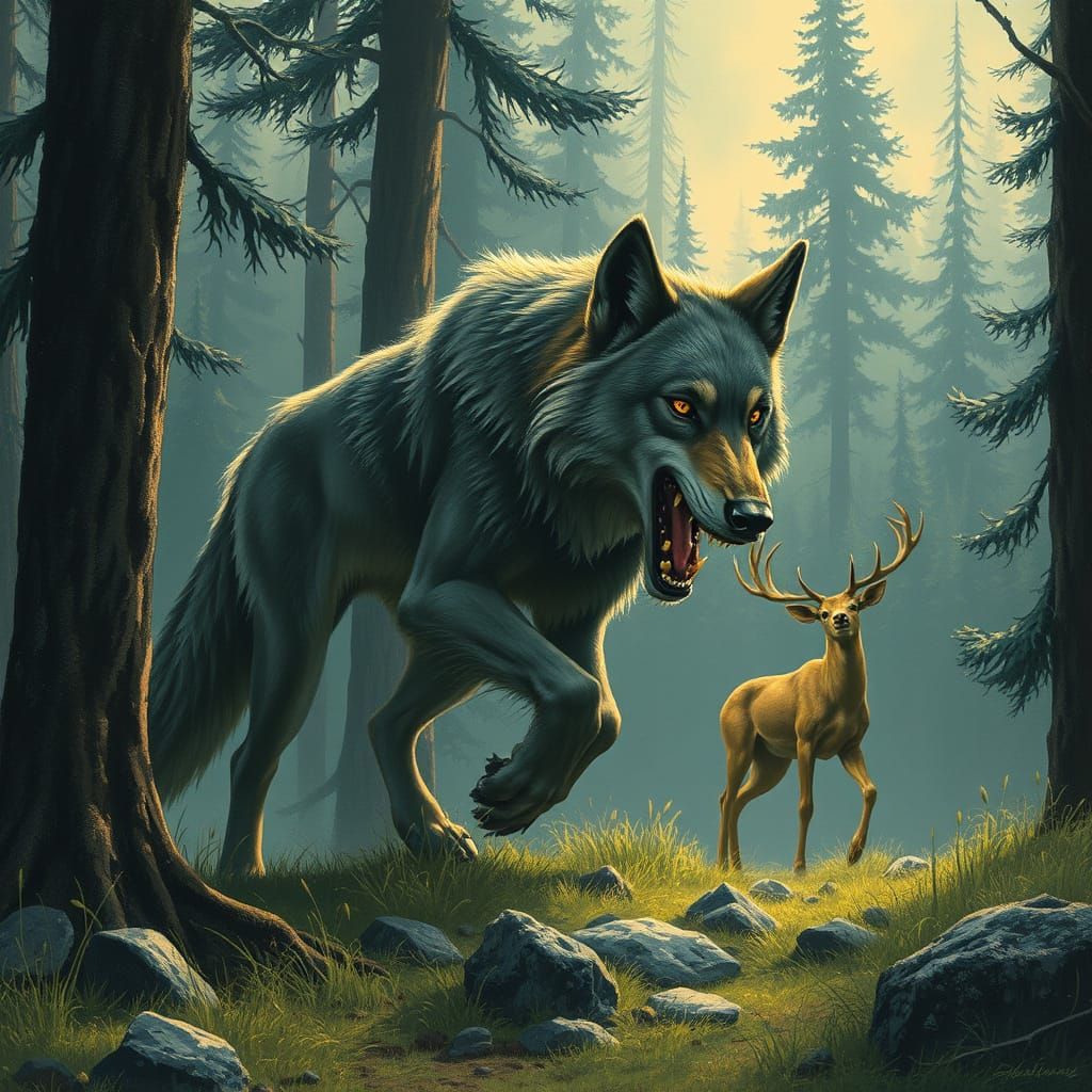 Wolf Stalking Deer in Atmospheric Forest