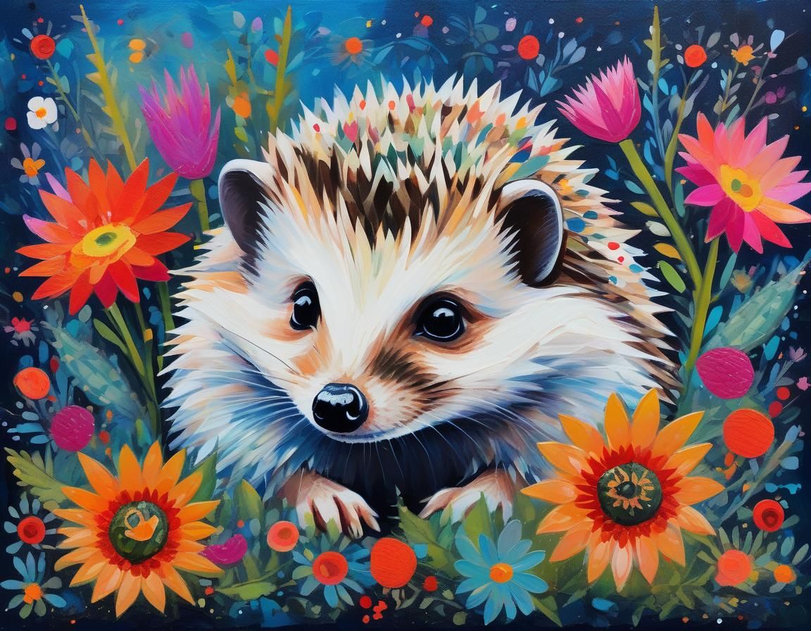 Cute Hedgehog in Outsider Art Style With Flowers