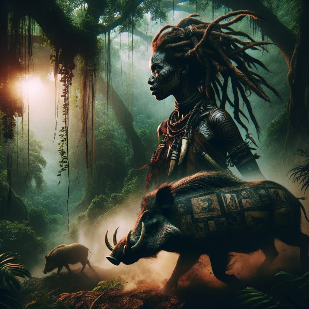 Tribal Guardian Emerges from Jungle on War Boar