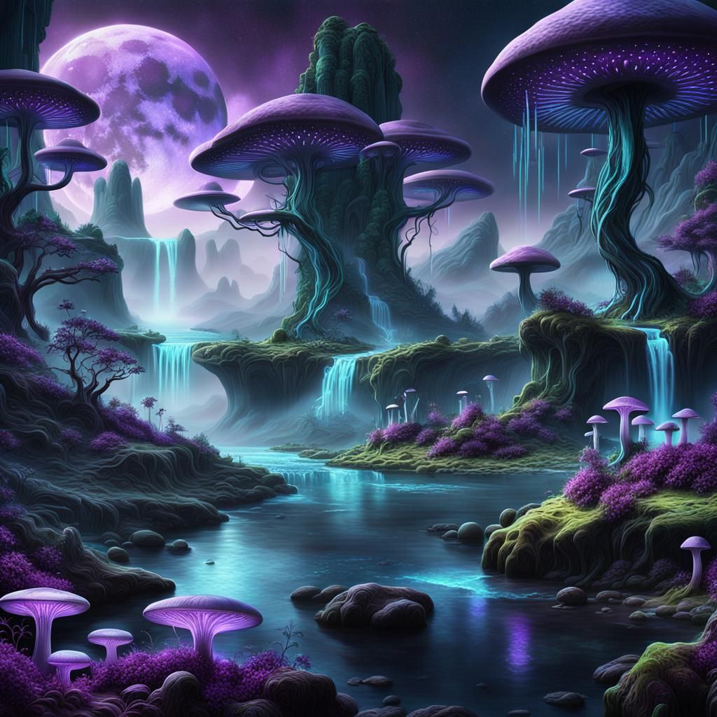 Bioluminescent Alien Landscape with Purple Plants