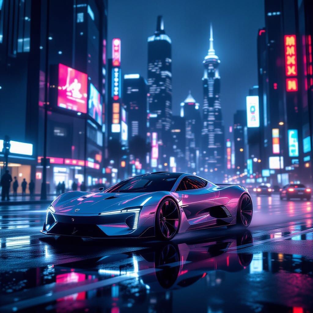 Chrome Electric Hypercar in Neon Metropolis