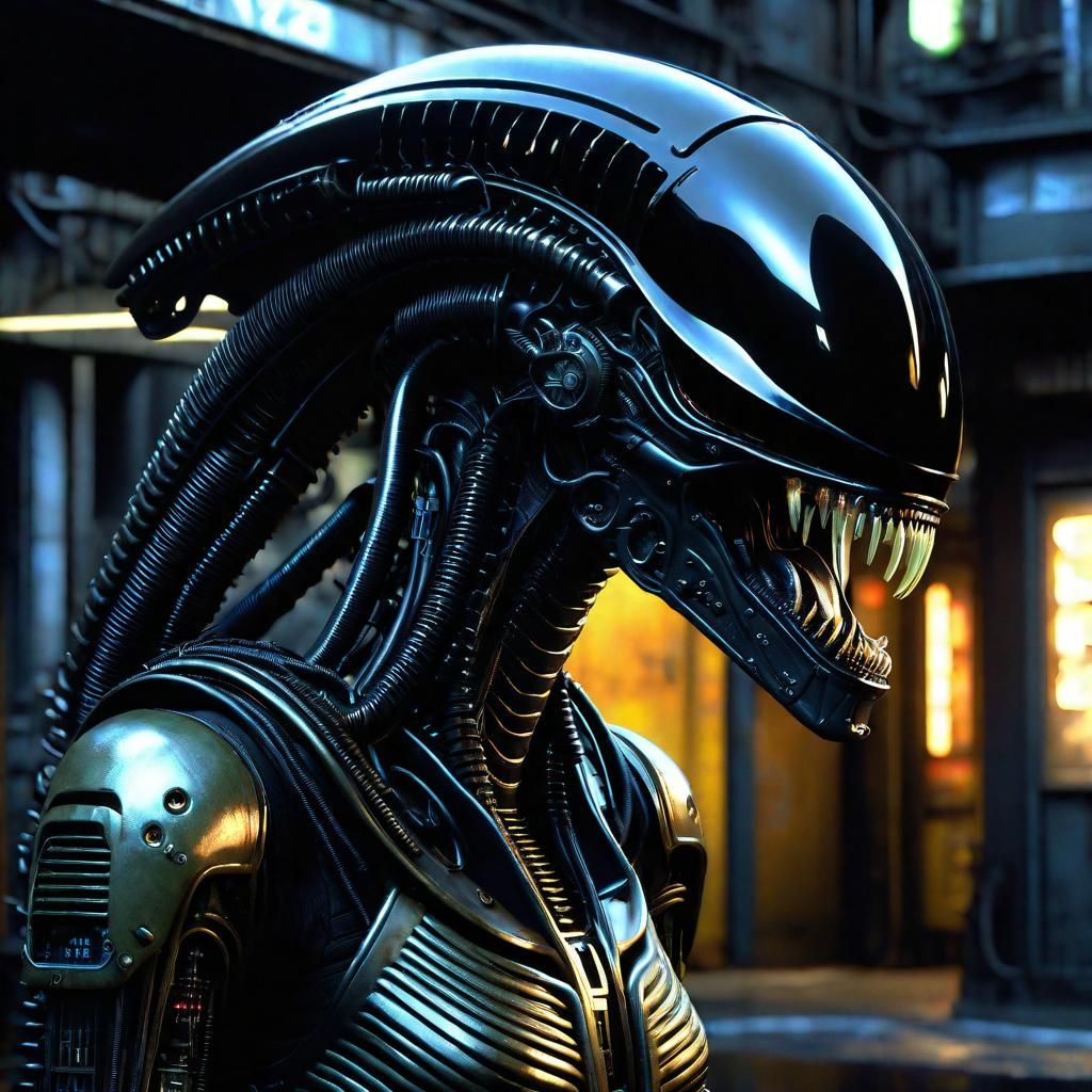 Dieselpunk Xenomorph with Sleek Metal Enhancements