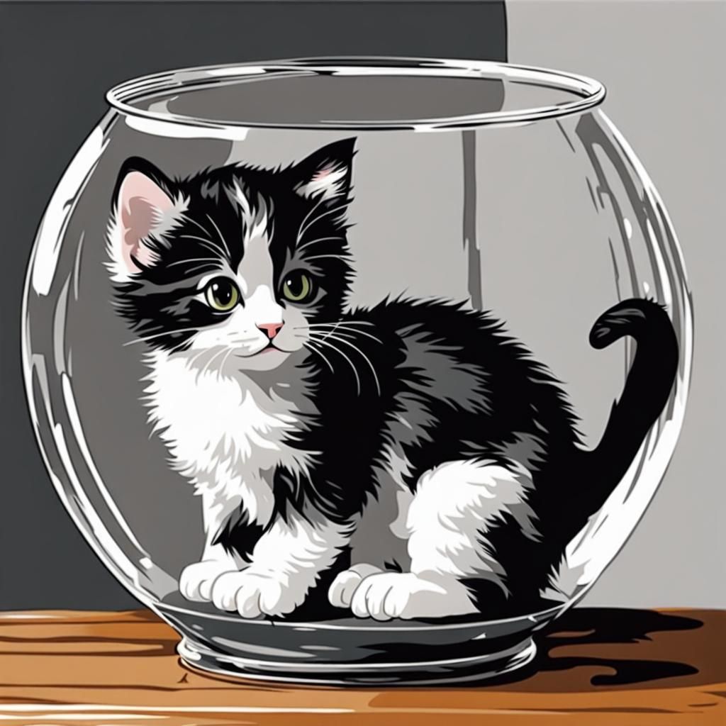 Black and White Kitten in Fishbowl: Acrylic Painting