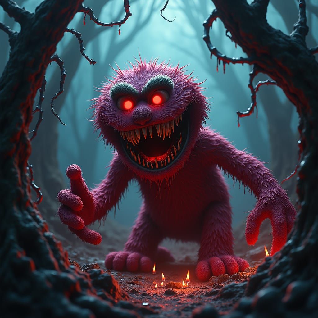 Menacing Evil Elmo in Dark Fantasy Realm