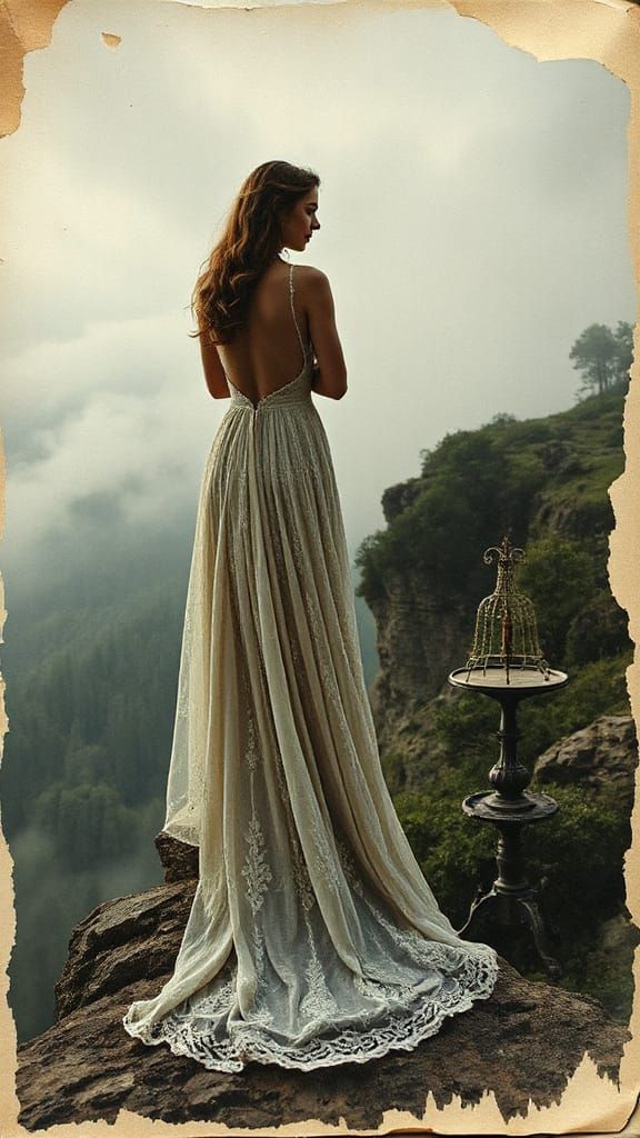 Mystical Cliffside Dreamscapes on Worn Paper