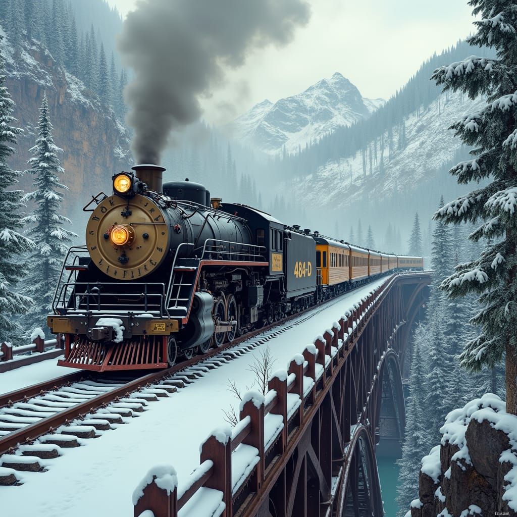 Steam Locomotive Crossing Royal Gorge Bridge in Winter