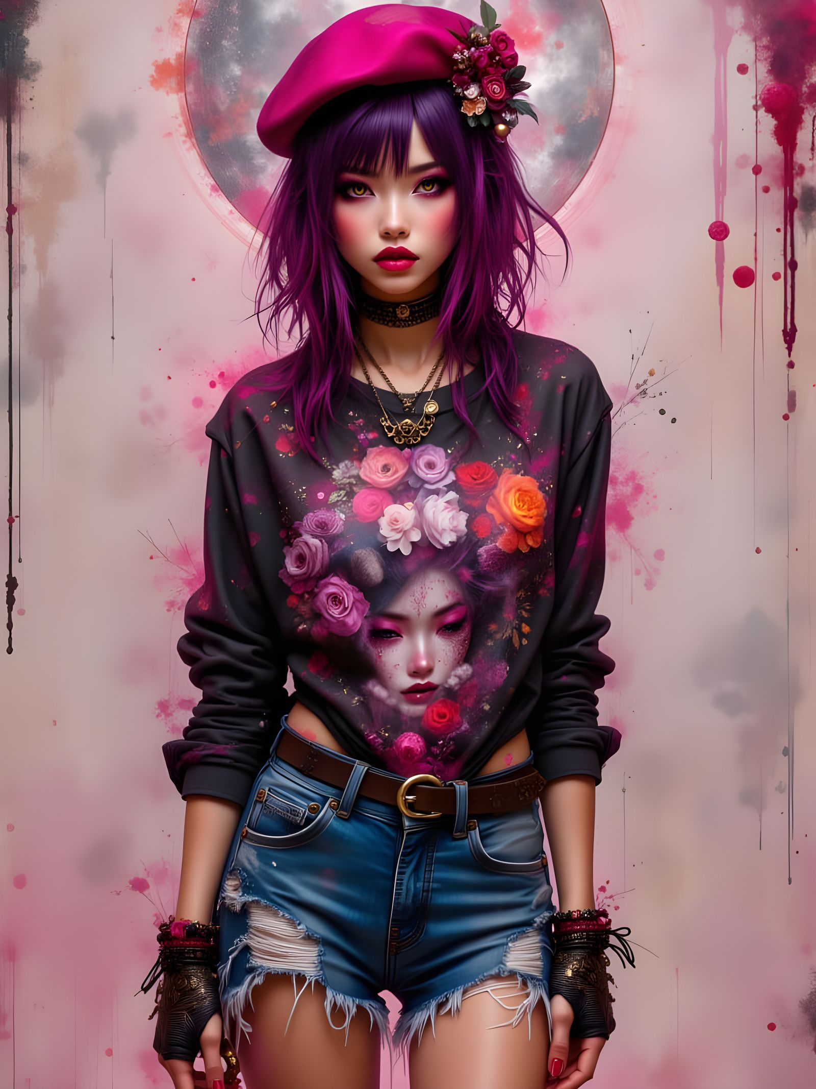 Gorgeous Anime Goddess in Raspberry Beret, Digital Art