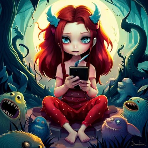 Auburn Haired Girl with Monsters, Fantasycore Art