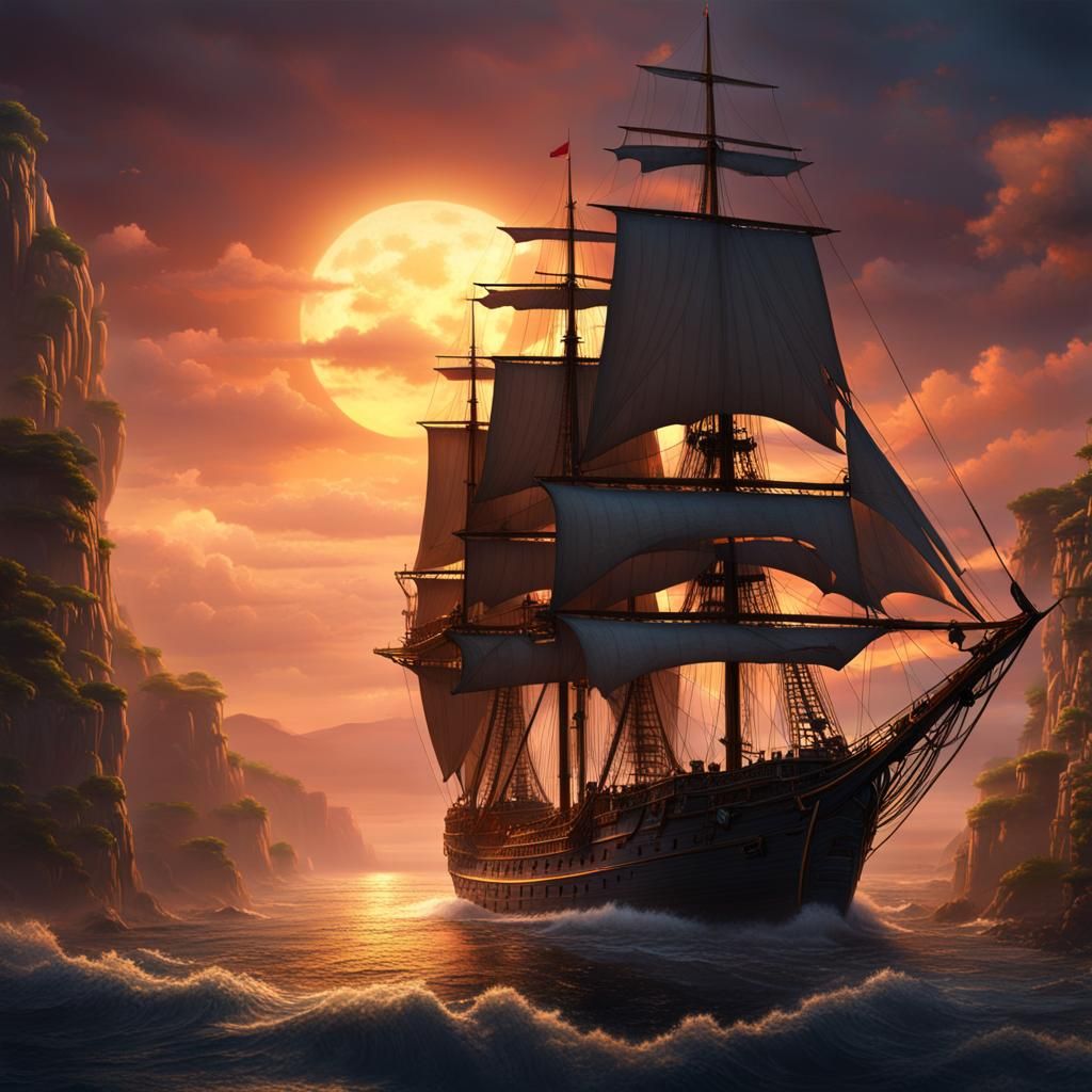 Tall Ship Sails Into Dawn: Epic Matte Painting