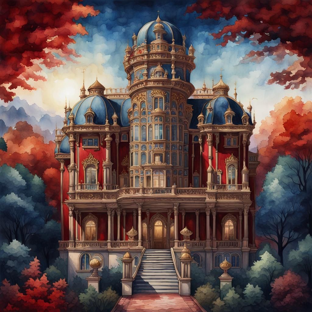 Ornate Palace in Wilderness, a Naive Art Illustration