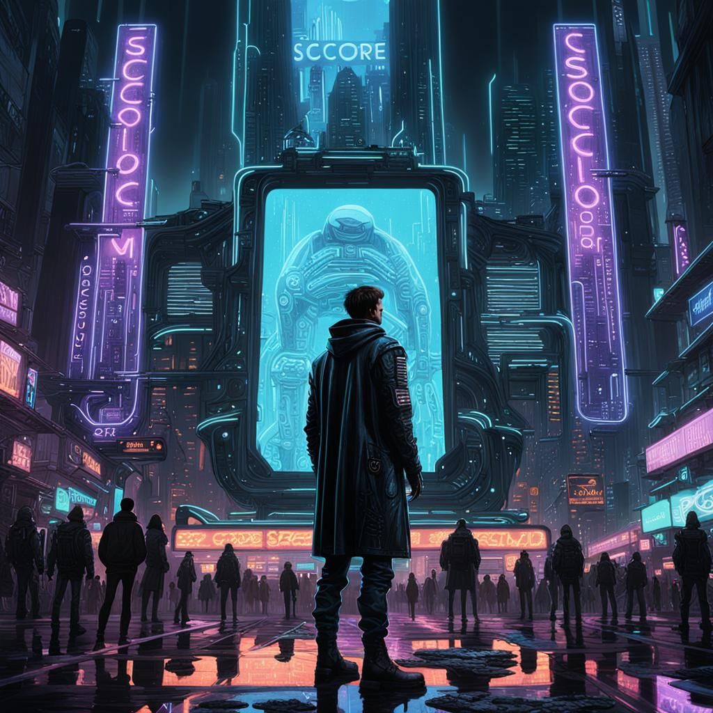 Cyberpunk Dystopian Cityscape: Surveillance State in Neon-Li...