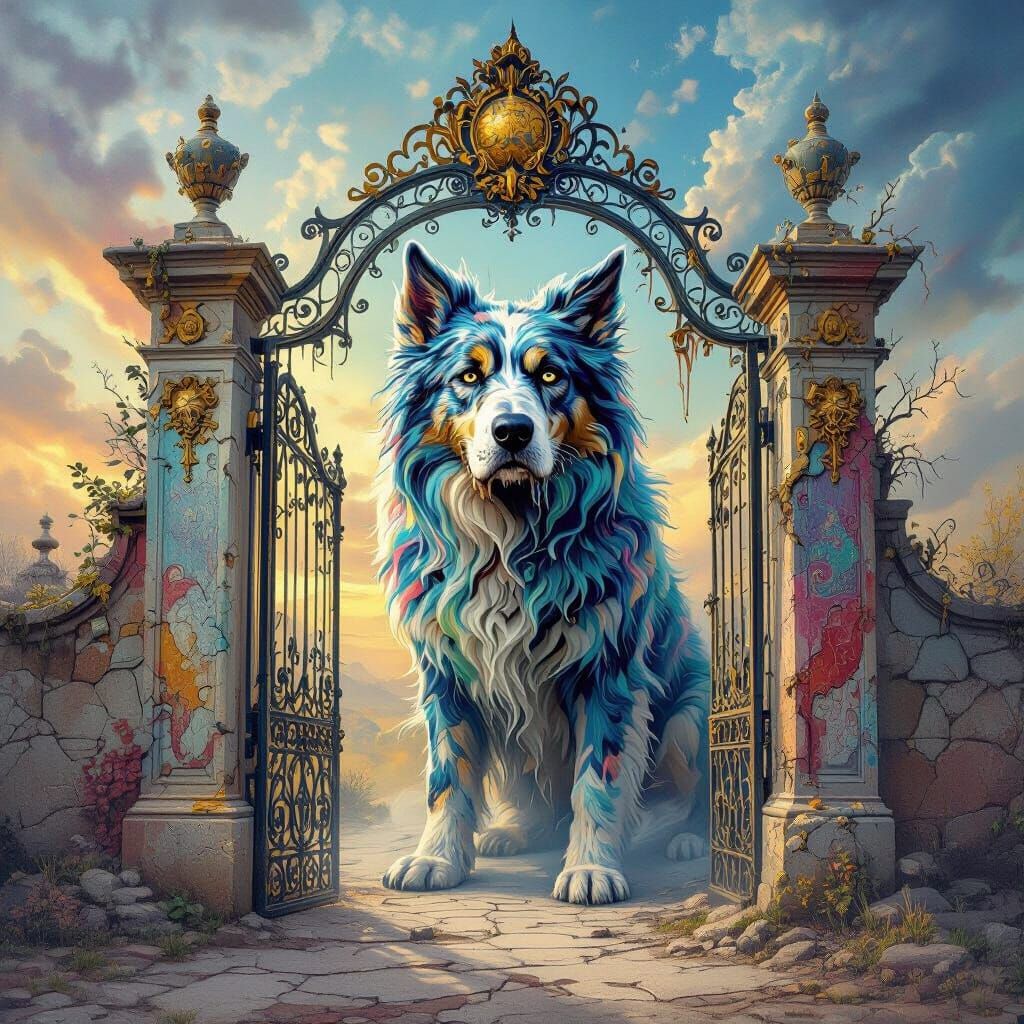 Giant Surreal Dog Guards Melting Gate in Dali Style