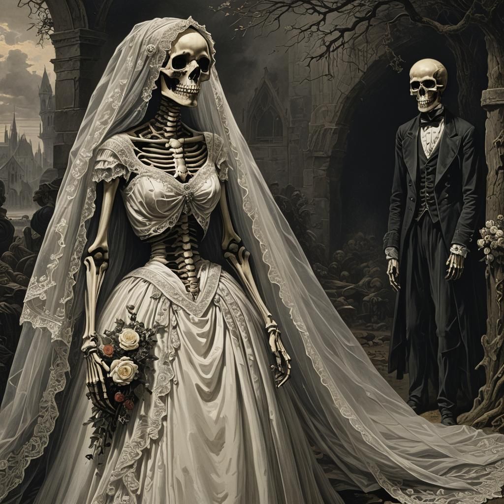 Ethereal Skeleton Bride in Dark Horror Style