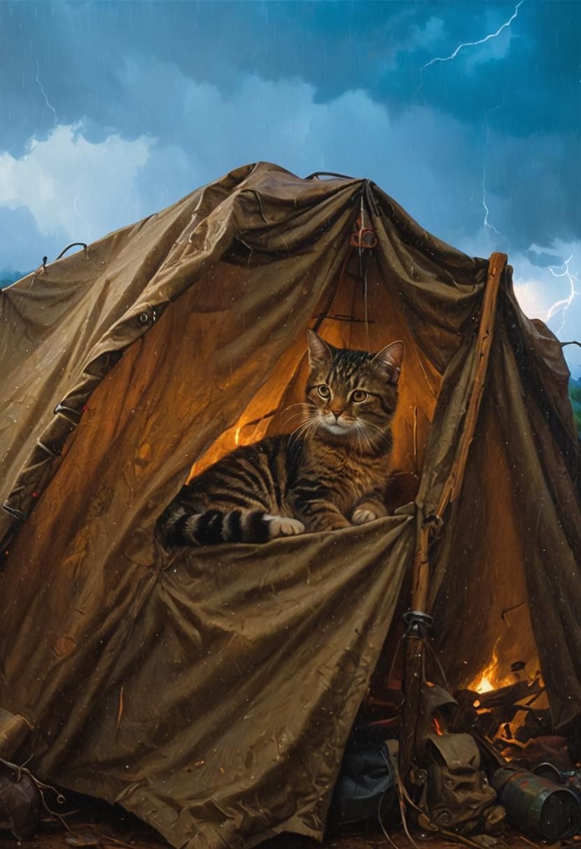 Cozy Cat Nap in Tent, Oil Painting
