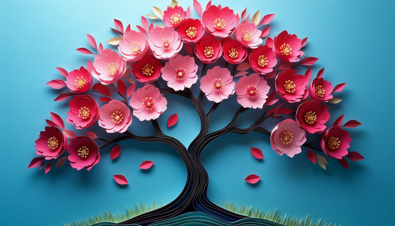 Vibrant Paper Cherry Tree in Kirigami Style