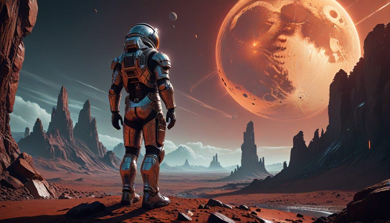 Astronaut in Front of a Chrome Monolith on a Distant Planet
