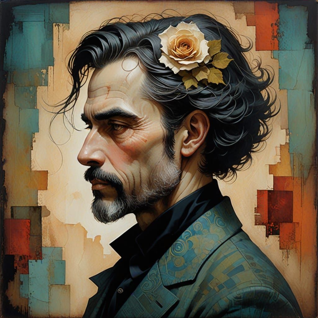 Profile Portrait. Bill Carman. Mixed Media, Expressive Textured layers.