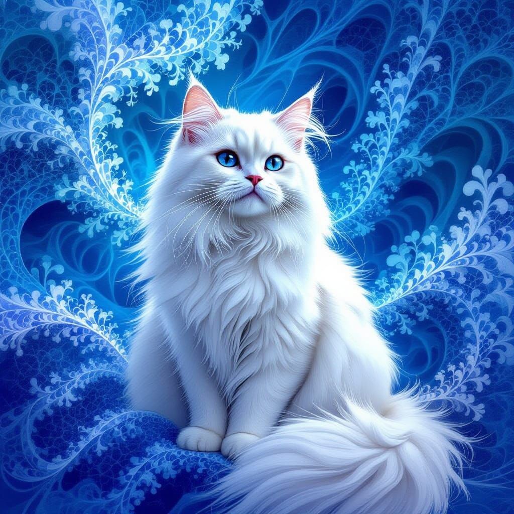Regal White Persian Cat in a Dreamlike Fractal Realm