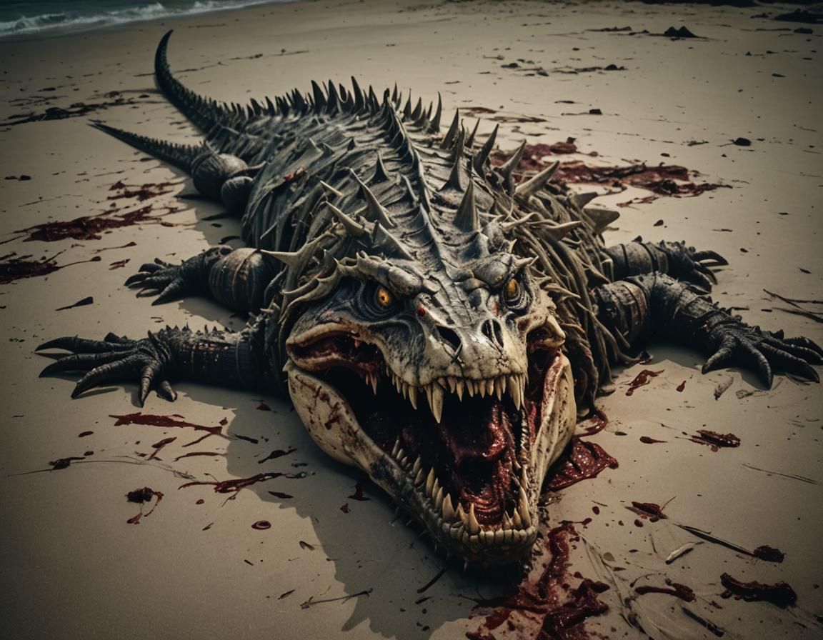 Rotten Sea Monster Carcass on Beach at Night