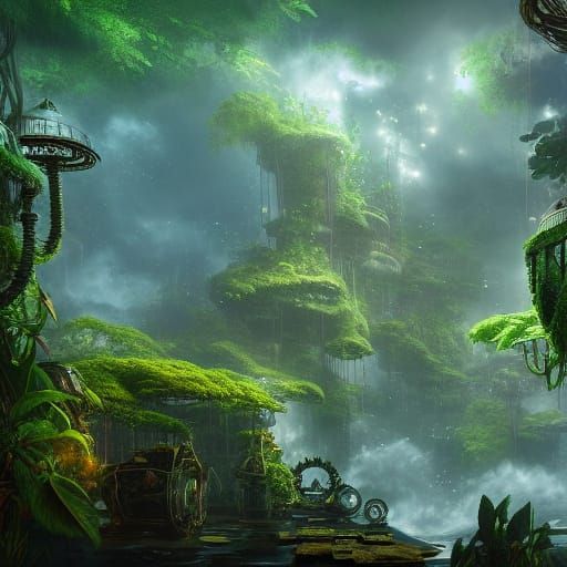 Steampunk Jungle Islands Floating in Green Mist