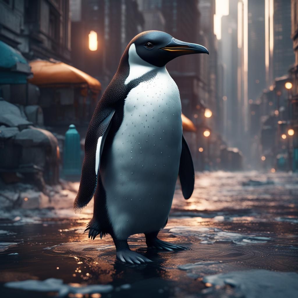 Lonely Penguin in City: Detailed Matte Painting