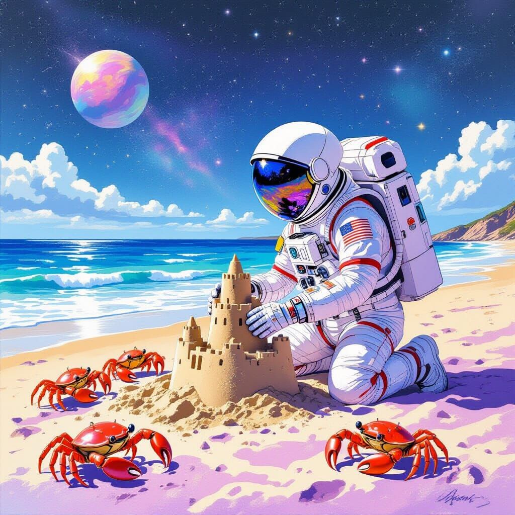 Astronaut Builds Sandcastle on Alien Beach, Comic Art
