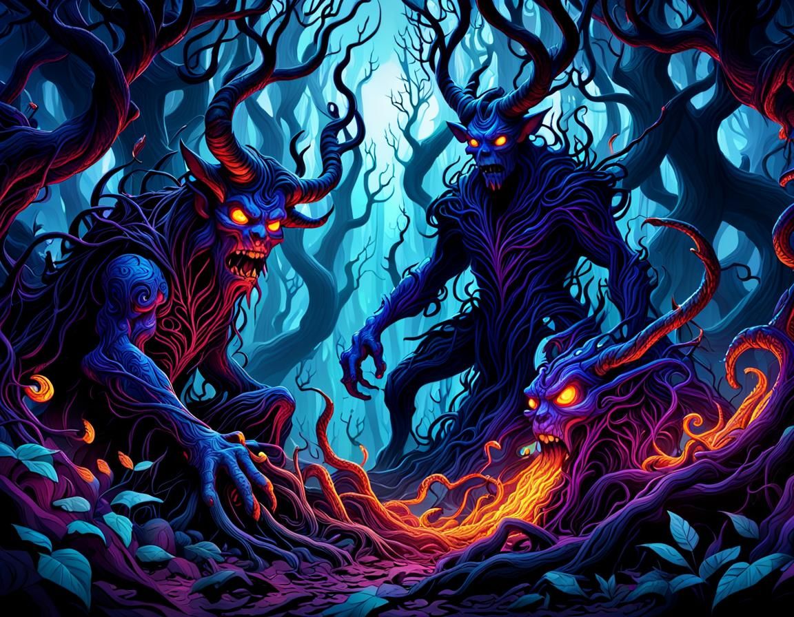 Demons in Mystical Forest: Vibrant Doodle Art