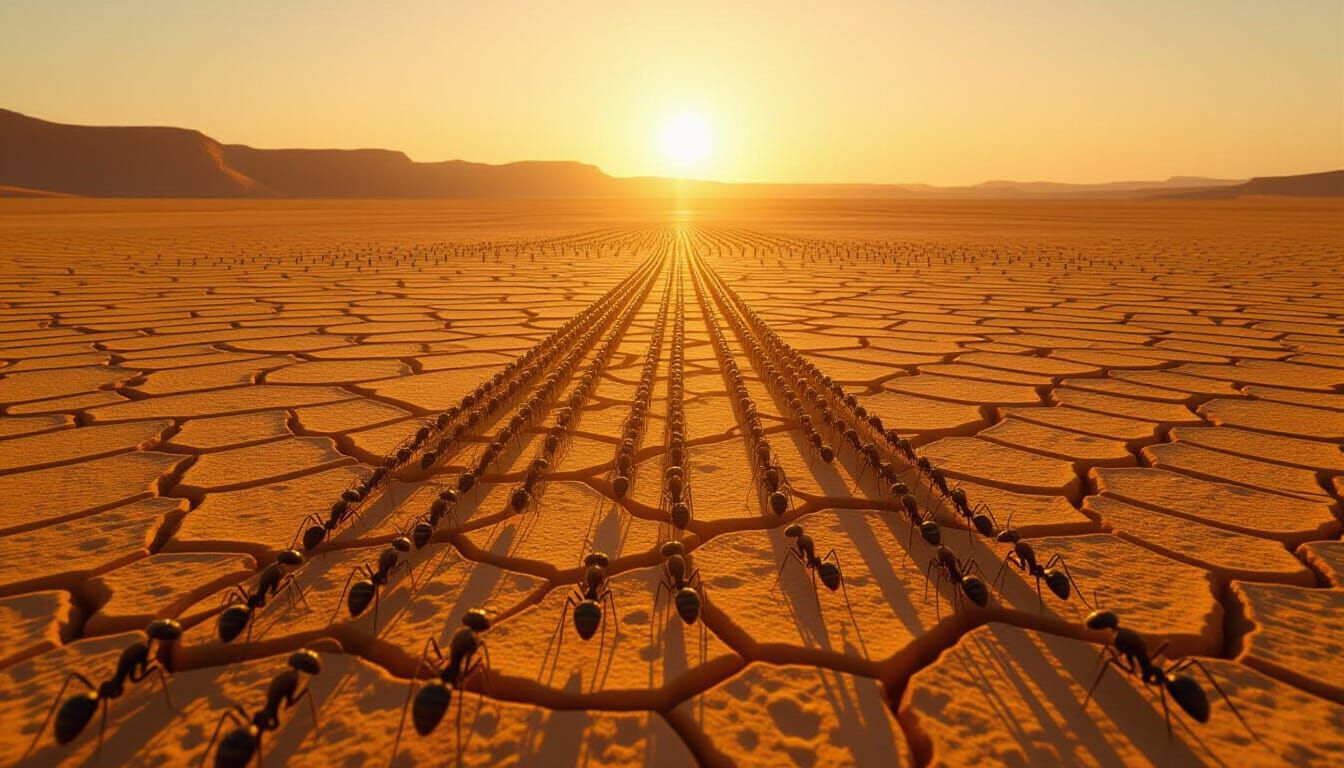 Ant Legion Marching Across Desert at Sunset