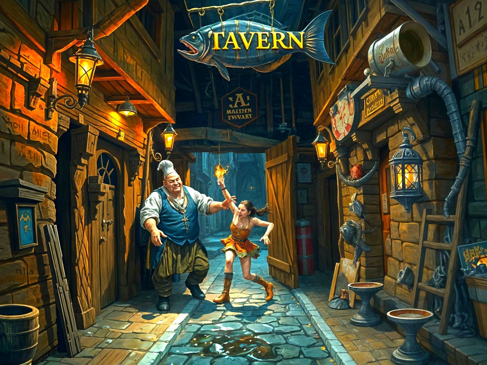 Orc Chef Pushes Jester from Fish Tavern Entrance at Night