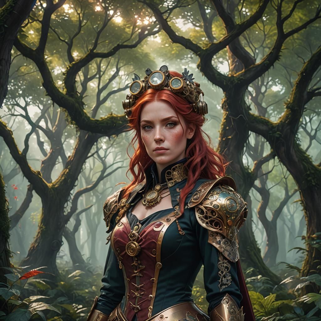 Steampunk Woman with Red Hair in Magical Forest