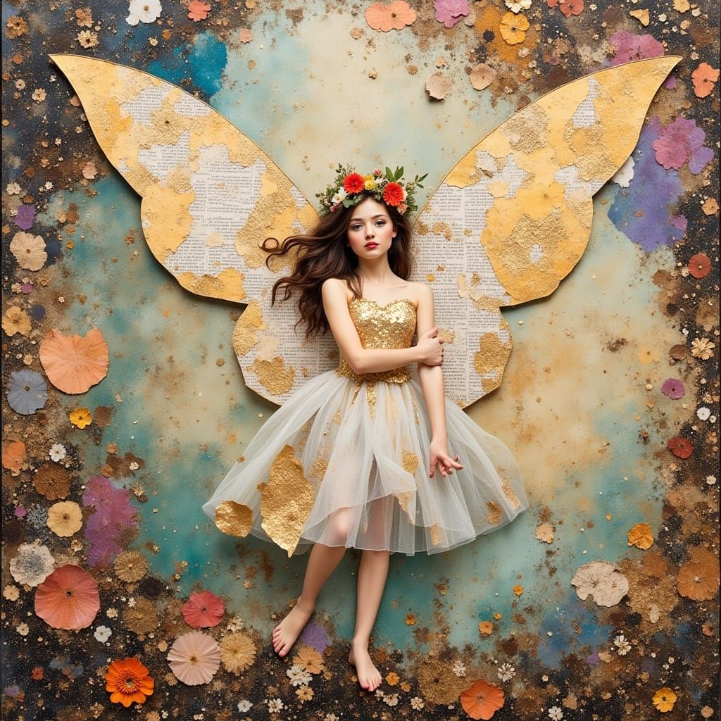 Fantasy Collage: Fairy with Newspaper Wings and Unicorn