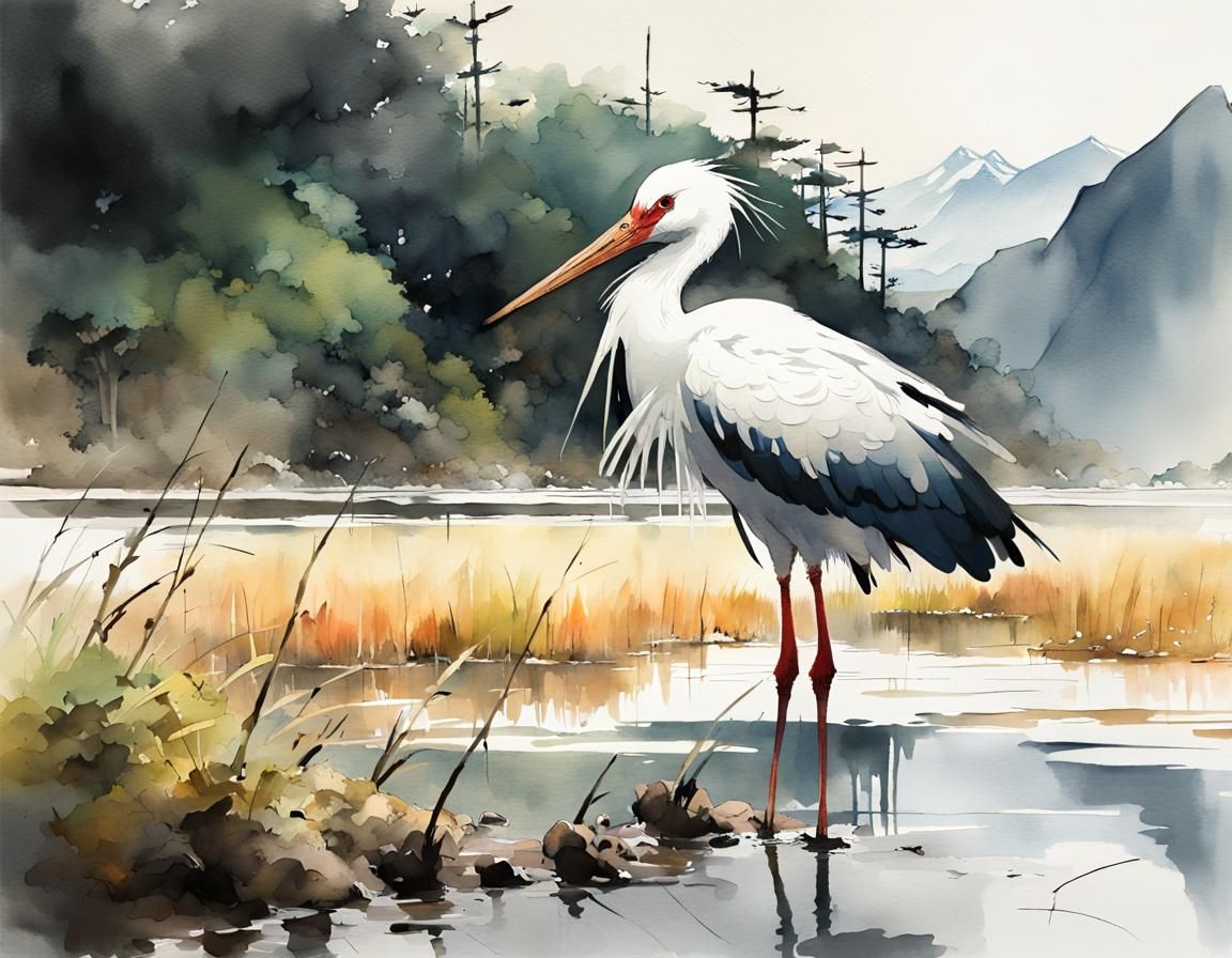 Stork in Japanese Wetlands Watercolor Painting