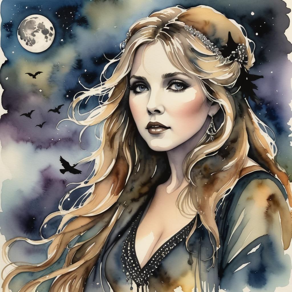 Ethereal Witchy Woman in Ink Watercolor Style