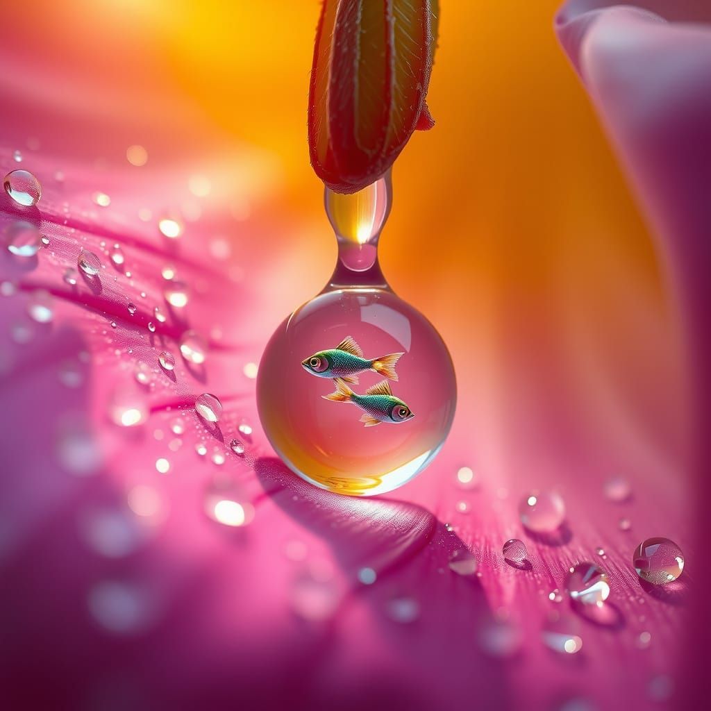 Surreal Macro Scene of Dewy Petal with Raindrop and Rainbow