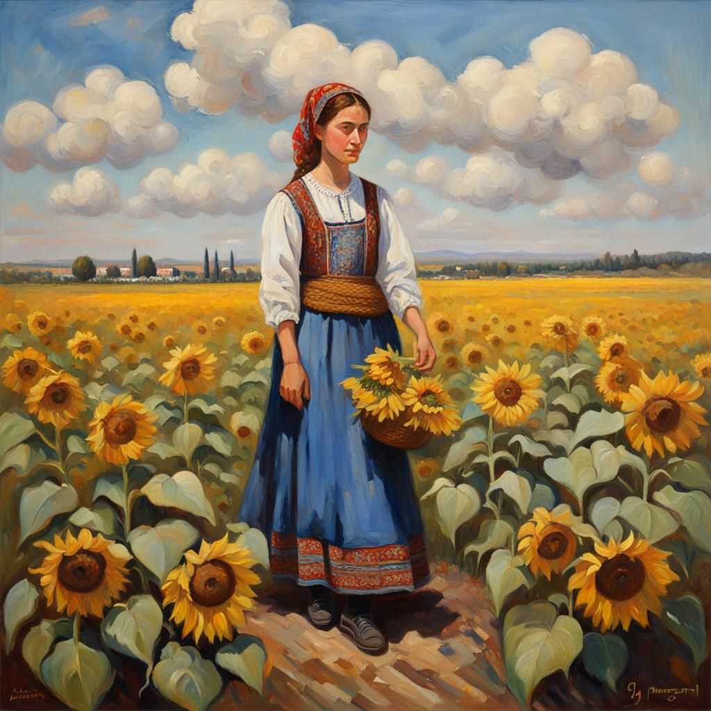 Ukrainian Woman Gathering Sunflowers in Oil Painting Style