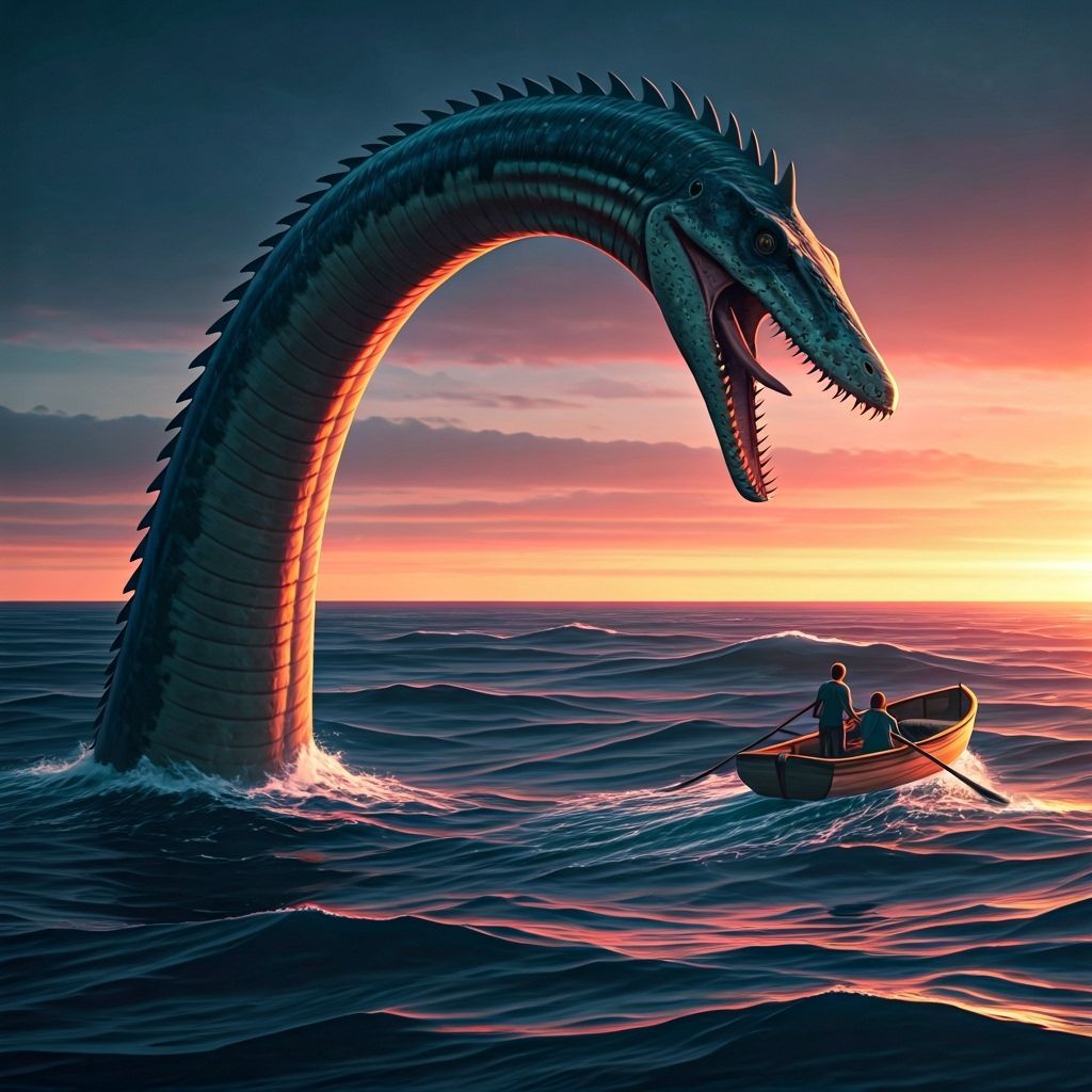 Plesiosaur Threatens Couple in Synthwave Sunset