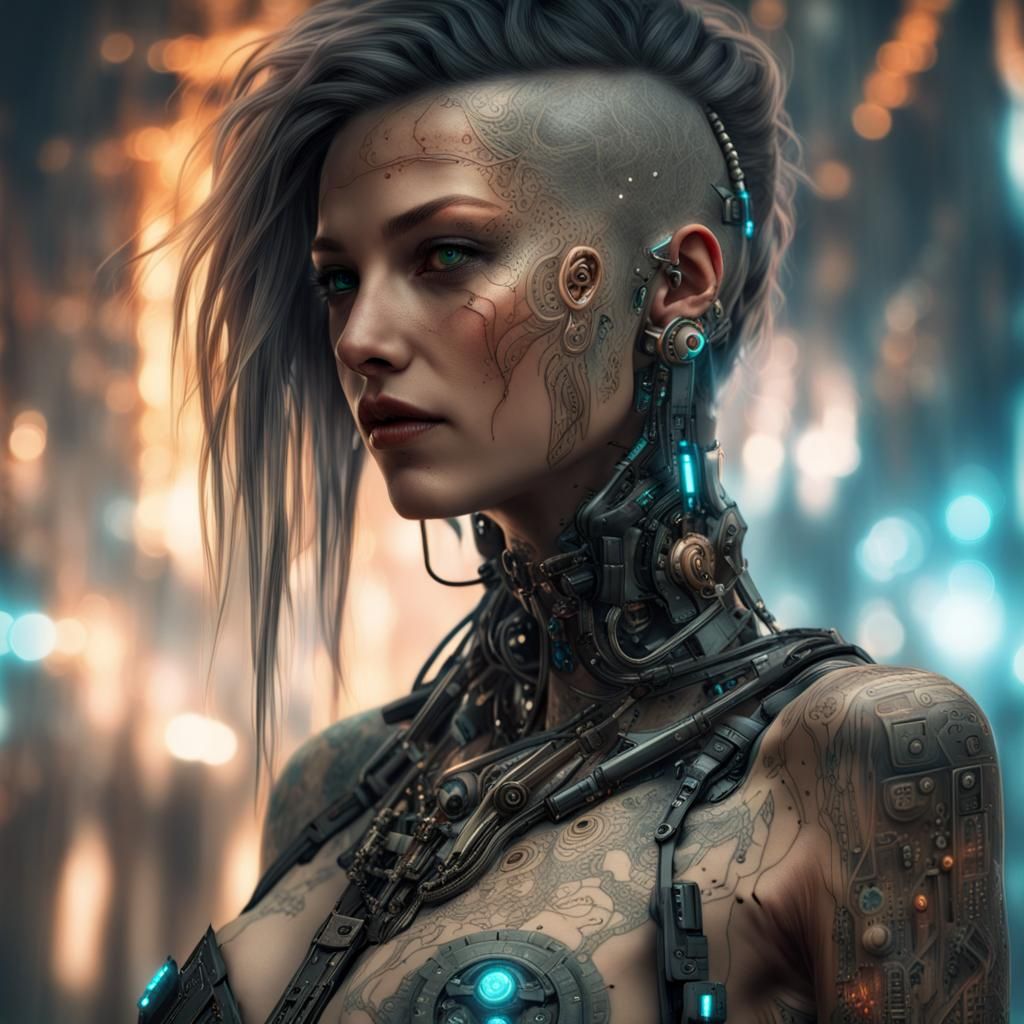 Cyberpunk Woman with Glowing Circuitry, Digital Art