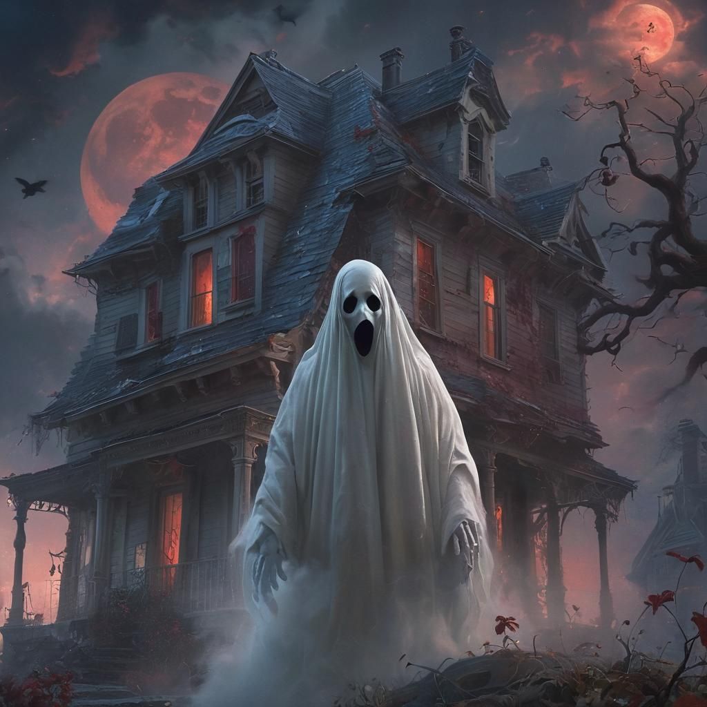 Ethereal Ghost in Abandoned House Under Blood Moon