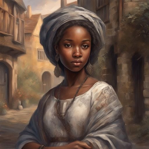 Beautiful African Girl in Medieval Village, Royo Style