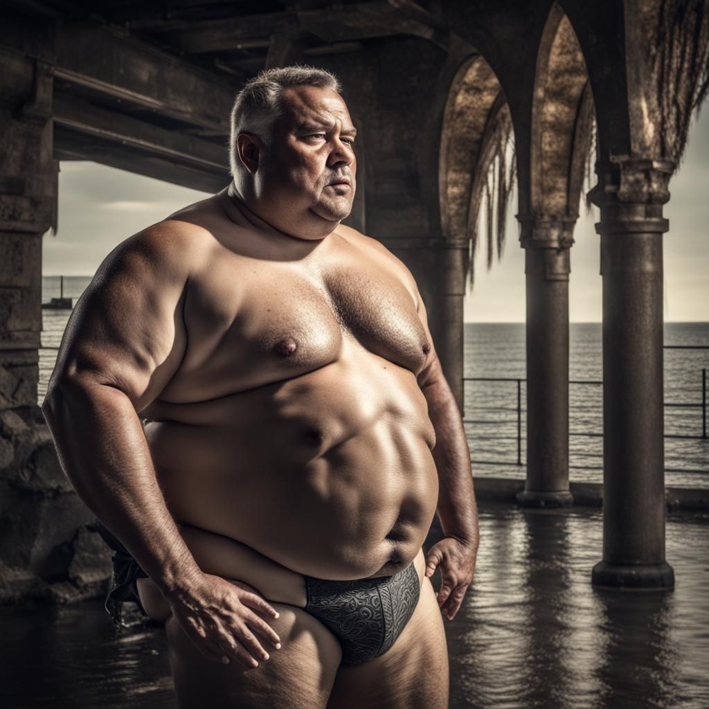Hyperrealistic Portrait of Overweight Man in Speedo