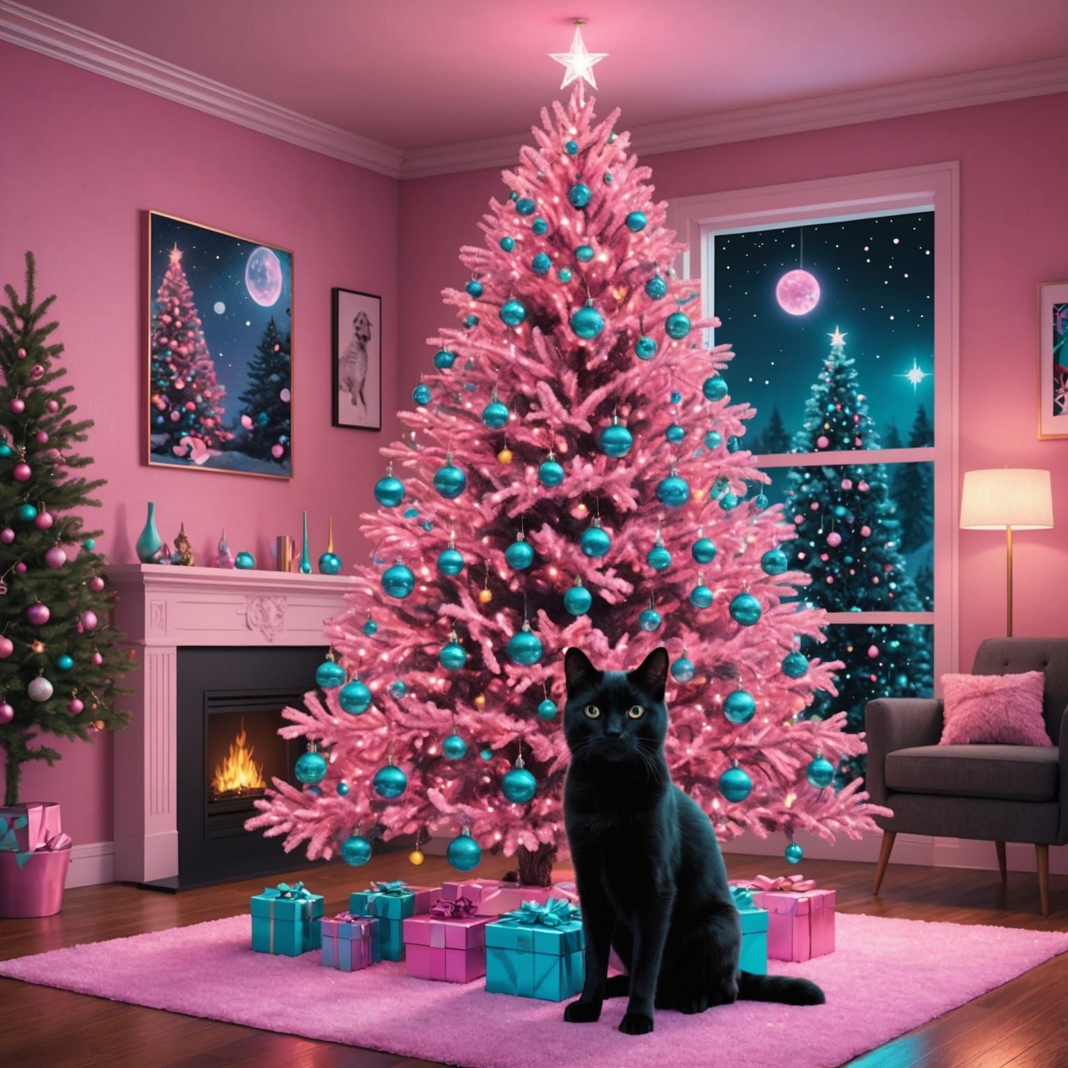 Pink Christmas Tree with Pets, in Mixed Media Style
