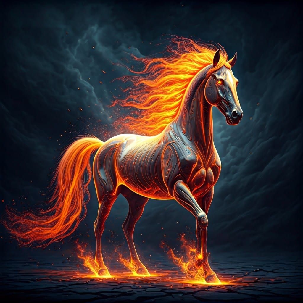 Majestic, Triadic Flame Horse Against Dark Background