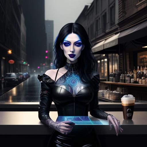 Goth Lady in Rainy Coffee Shop: Holographic Illustration