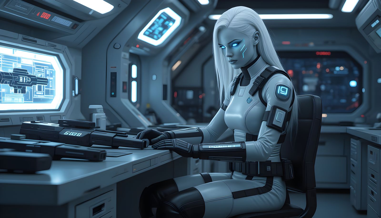 Futuristic Female Mechanic at Workbench, Hyperrealistic