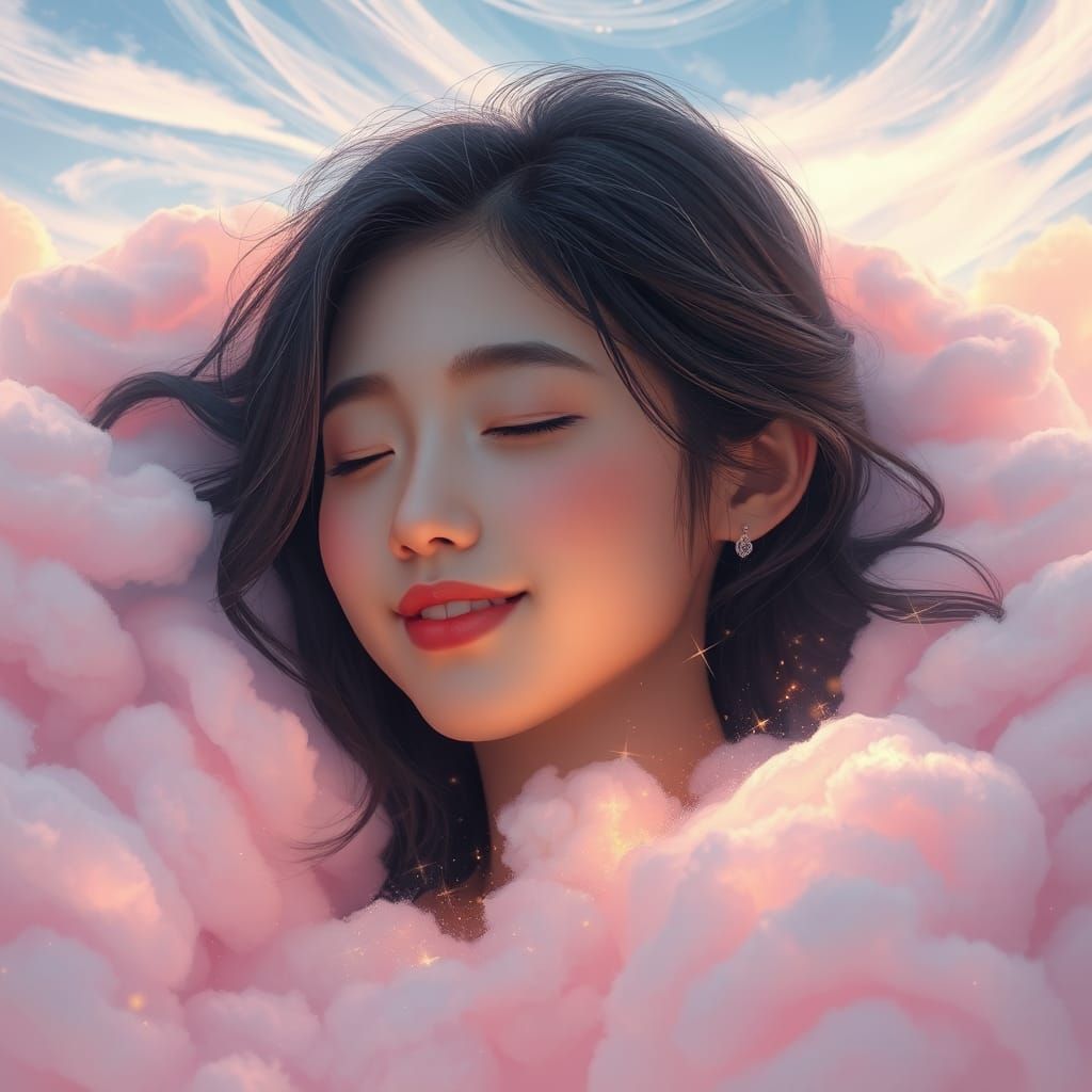 Dreamy Woman on Clouds: Matte Painting Style