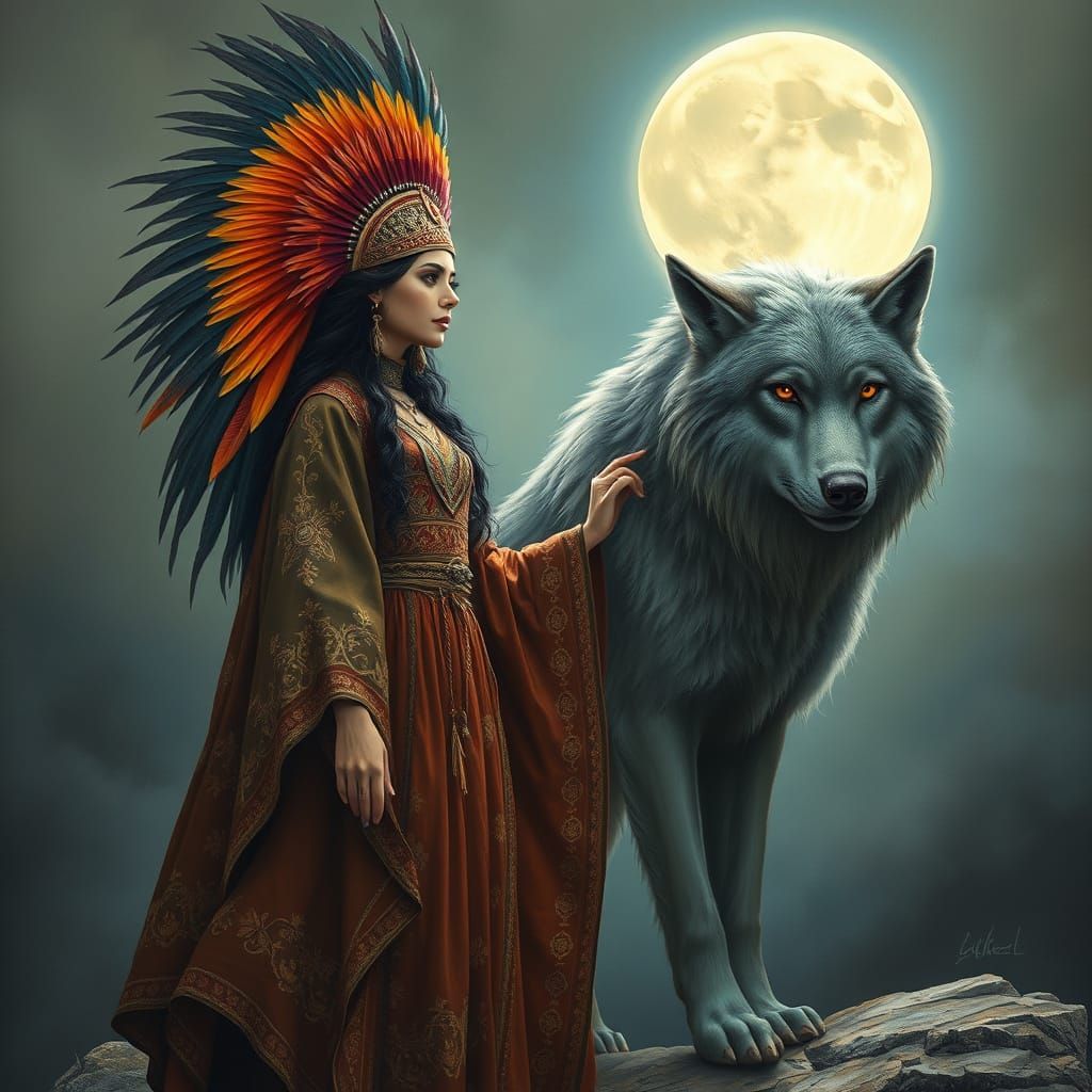 A striking portrait of a woman in traditional attire with a feathered headdress, standing beside a majestic wolf under a...