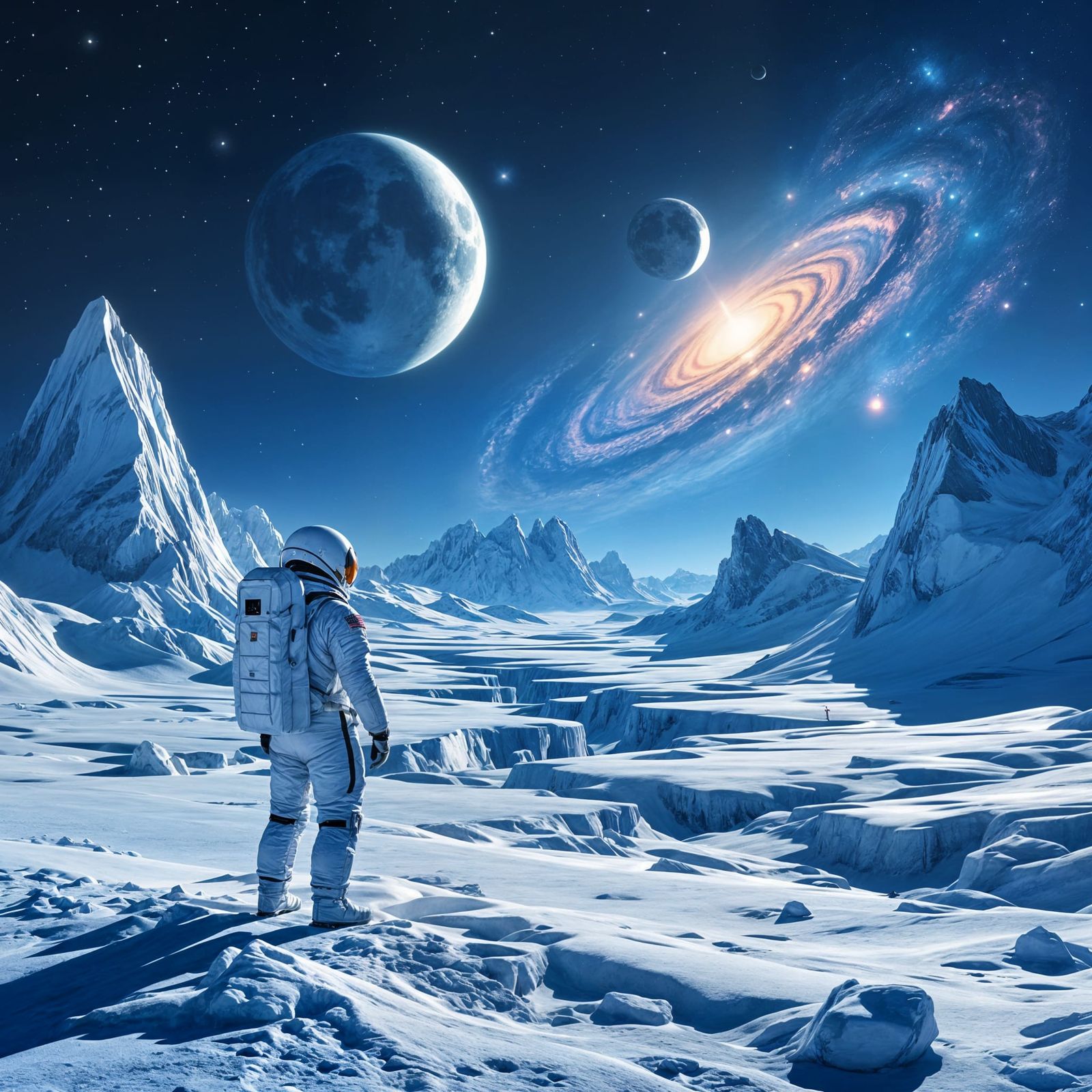 Astronaut on Crystalline Planet Under Twin Moons