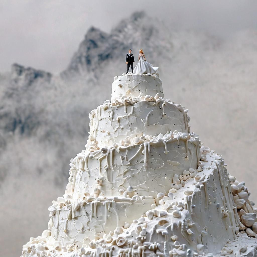 Miniature Bride and Groom on Cake Mountain